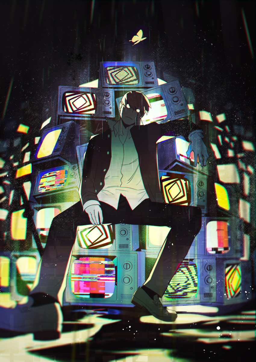 1boy absurdres arm_rest bangs blank_eyes btmr_game bug butterfly closed_mouth color_bars full_body glowing glowing_eyes hair_between_eyes high_collar highres jacket long_sleeves male_focus narukami_yuu open_clothes open_jacket pants persona persona_4 school_uniform shirt sitting solo television yasogami_school_uniform