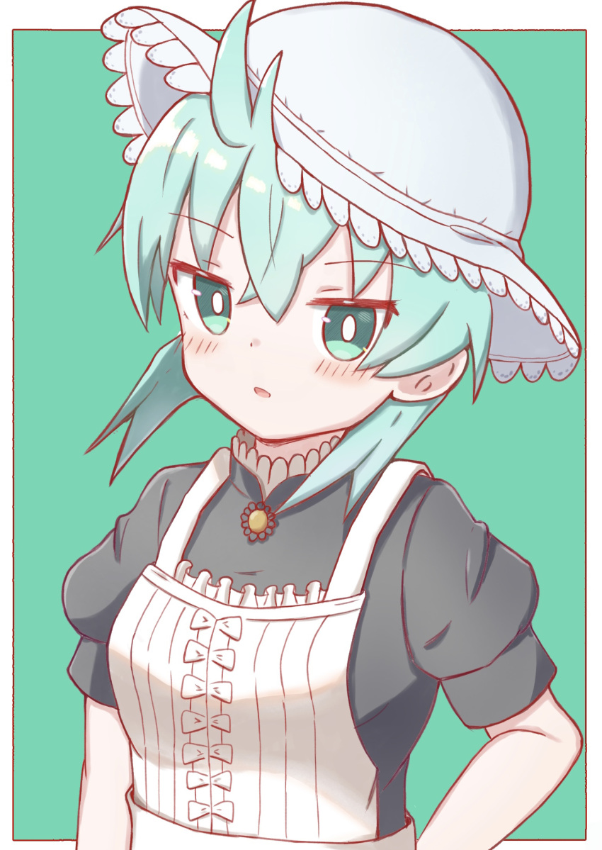 1girl apron aqua_hair bangs black_shirt blue_headwear blush commentary_request eyebrows_visible_through_hair frilled_apron frills green_background green_eyes hair_between_eyes hat highres kemono_friends looking_at_viewer parted_lips puffy_short_sleeves puffy_sleeves shirt short_sleeves solo sunanuko_(ramuneko) tsuchinoko_(kemono_friends) two-tone_background upper_body white_apron white_background