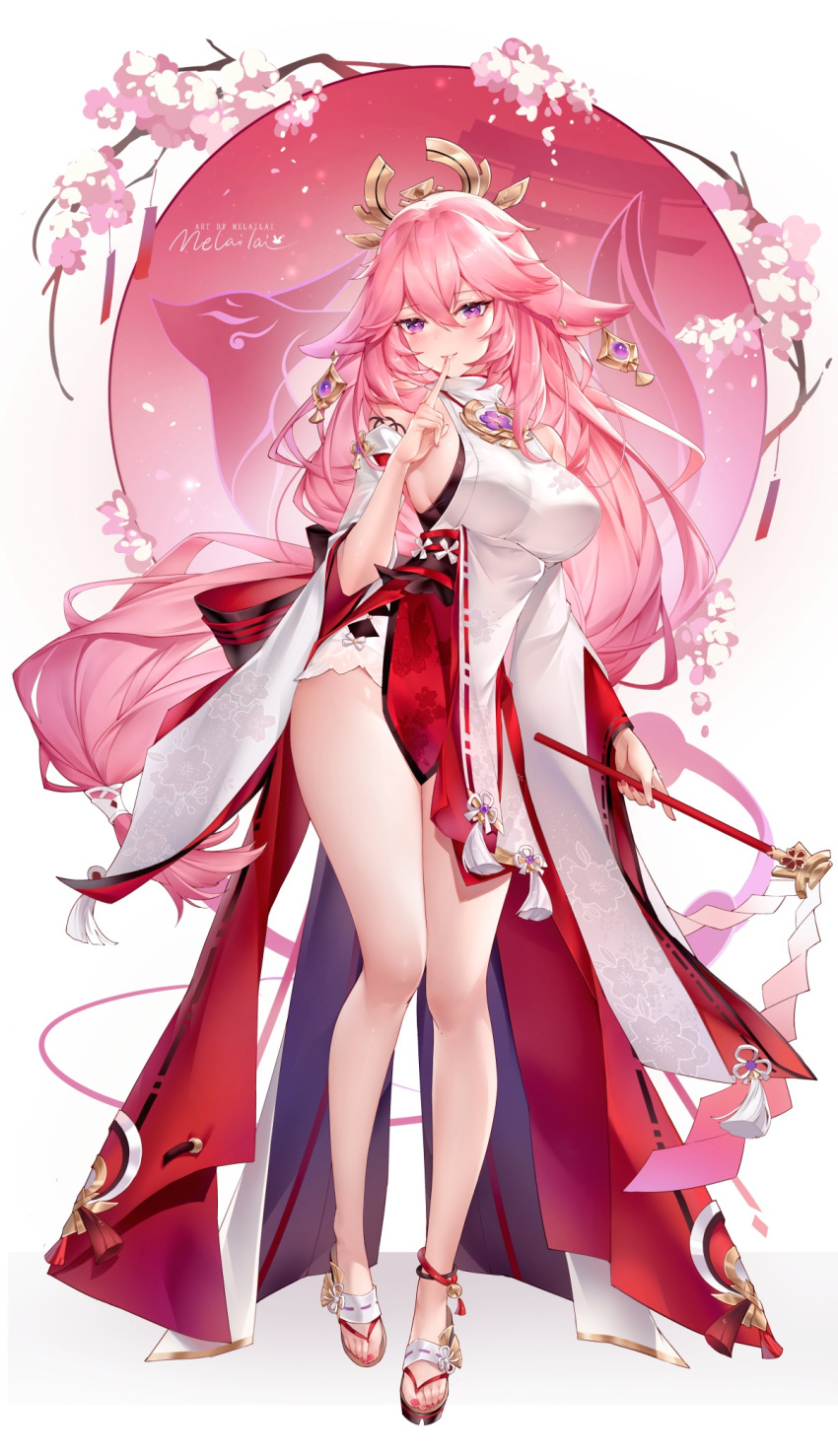 1girl animal_ears breasts cherry_blossoms detached_sleeves earrings finger_to_mouth floppy_ears fox_ears full_body genshin_impact geta gohei gold_earrings hair_ornament highres holding index_finger_raised japanese_clothes jewelry large_breasts long_hair looking_at_viewer low-tied_long_hair melailai obi parted_lips pink_hair sash shirt shorts solo tassel thighs very_long_hair violet_eyes white_shirt white_shorts yae_miko