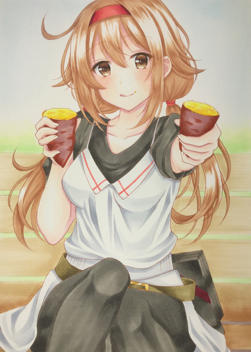 1girl :p absurdres ahoge alternate_costume bangs belt bench black_skirt brown_eyes brown_hair cannon casual dress food food_on_face headband highres kantai_collection kumaccyo leggings legs_together looking_at_viewer marker_(medium) medium_hair red_headband red_headwear shiratsuyu_(kancolle) simple_background sitting skirt smile sweet_potato tied_hair tongue tongue_out traditional_media white_dress
