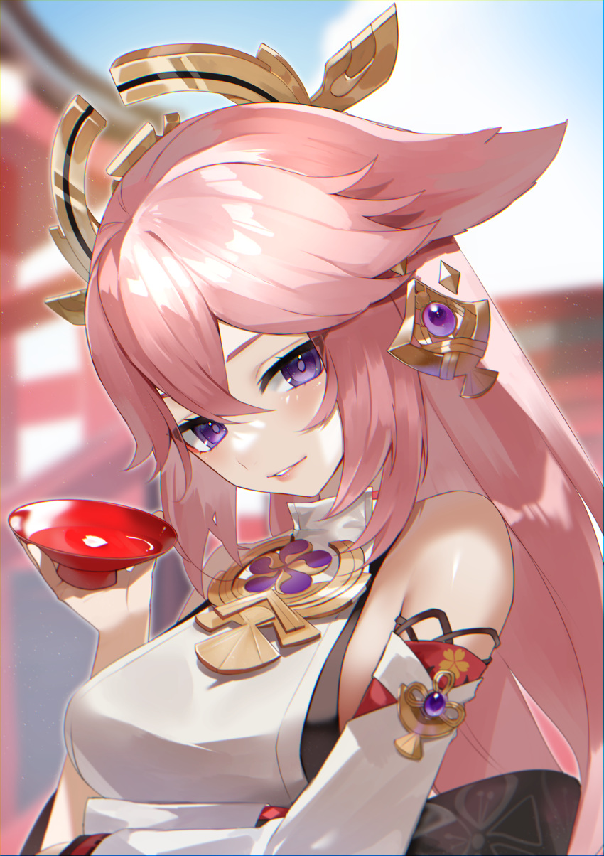 1girl absurdres alcohol animal_ears blurry blurry_background breasts cup detached_sleeves fox_ears genshin_impact hair_between_eyes hair_ornament highres holding holding_cup japanese_clothes lips long_hair looking_at_viewer medium_breasts nontraditional_miko petals pink_hair priestess reirou_(chokoonnpu) sakazuki solo upper_body violet_eyes yae_miko