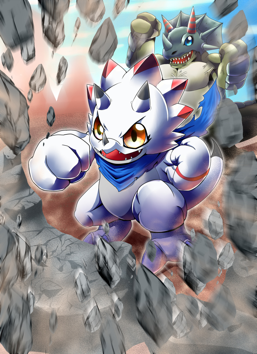 blue_eyes blue_scarf blurry blurry_foreground breaking clenched_hands commentary debris digimon digimon_(creature) digimon_ghost_game gammamon gerukizoku highres horns legs_apart no_humans open_mouth red_eyes rock scarf sharp_teeth standing teeth v-shaped_eyebrows veins yellow_eyes