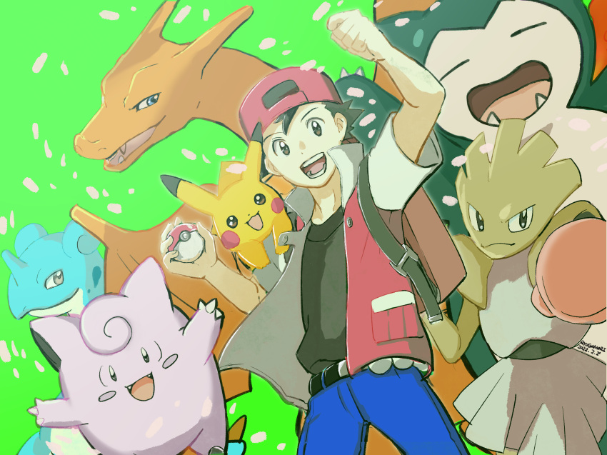 1boy :d arm_up backpack backwards_hat bag bangs baseball_cap belt belt_buckle black_belt blue_pants brown_bag buckle charizard clefairy clenched_hand commentary_request hat highres hitmonchan holding holding_poke_ball jacket lapras male_focus open_mouth pants pikachu poke_ball poke_ball_(basic) pokemon pokemon_(game) pokemon_rgby red_(pokemon) ryu_gamori shirt short_sleeves smile snorlax teeth tongue