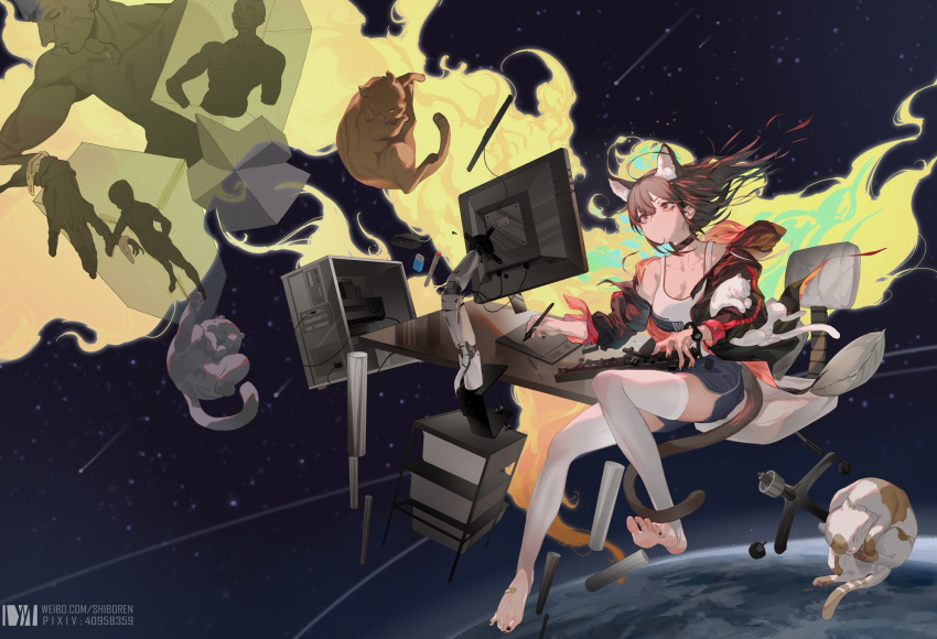 1girl animal_ears bandaid bandaid_on_foot black_choker black_jacket black_nails blue_shorts brown_hair cat cat_ears cat_girl cat_tail chair chinese_commentary choker closed_mouth commentary_request computer desk dm_(dai_miao) extra_ears full_body highres holding holding_stylus jacket keyboard_(computer) long_sleeves mole mole_under_eye monitor nail_polish no_shoes office_chair open_clothes open_jacket original planet red_eyes shirt shorts sleeveless sleeveless_shirt solo space statue stirrup_legwear stylus tail thigh-highs toeless_legwear toenail_polish toenails watch watch white_legwear white_shirt