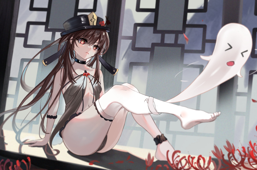 1girl ankle_scrunchie arm_rest arm_scrunchie bangs black_choker black_headwear black_panties breasts brown_hair choker closed_mouth flower frills genshin_impact ghost hair_between_eyes hat hat_flower highres hu_tao_(genshin_impact) knees_up long_hair outstretched_leg panties scrunchie simple_background sitting small_breasts symbol-shaped_pupils thigh_strap twintails underwear yukinokoe