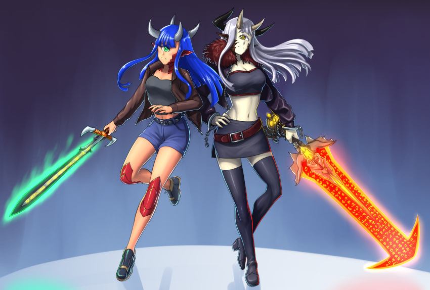 2girls bangs bare_legs belt black_belt black_footwear black_jacket black_skirt blue_hair blue_shorts blunt_bangs boots breasts brown_belt brown_jacket cacodemon commentary cosplay_request cropped_jacket crucible_(doom) cuffs cyclops doom_(series) doom_eternal energy_sword english_commentary fate_(series) frown full_body fur_collar glowing glowing_sword glowing_weapon green_eyes hand_on_hip hexen high_heel_boots high_heels highres hime_cut holding holding_sword holding_weapon horns jacket long_hair long_sleeves medium_breasts midriff monster_girl multiple_girls multiple_horns navel one-eyed open_clothes open_jacket pale_skin pencil_skirt personification pointy_ears scales shoes shorts side_slit silver_hair skirt split_mouth strapless substance20 sword thigh-highs thigh_boots tube_top weapon yellow_eyes zettai_ryouiki zipper