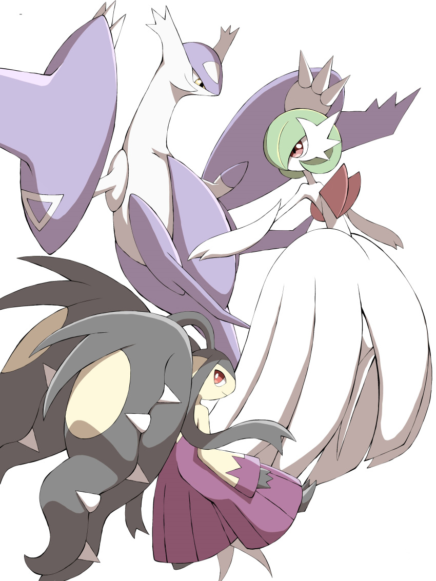 absurdres claws closed_mouth commentary_request dated gardevoir highres latias looking_back mawile mega_gardevoir mega_latias mega_mawile mega_pokemon outstretched_arms pokemon pokemon_(creature) red_eyes shabana_may signature white_background yellow_eyes