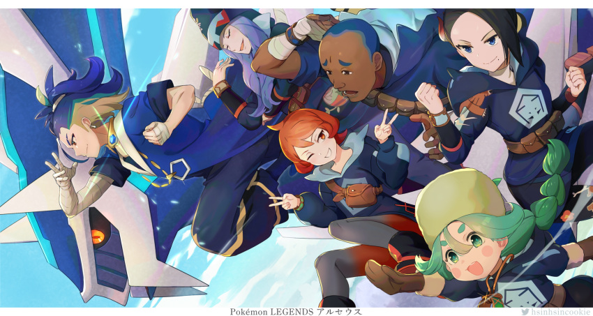 3boys 3girls :d adaman_(pokemon) arezu_(pokemon) arm_wrap black_hair blue_coat blue_eyes blue_hair blush_stickers brown_eyes clenched_hands closed_mouth coat commentary_request copyright_name dark-skinned_male dark_skin dialga diamond_clan_outfit double_v earrings floating_hair fur_hat green_hair green_headwear hat highres hood hood_up hooded_jacket hsin iscan_(pokemon) jacket jewelry long_hair mai_(pokemon) melli_(pokemon) mole mole_under_mouth multicolored_hair multiple_boys multiple_girls open_mouth pokemon pokemon_(creature) pokemon_(game) pokemon_legends:_arceus purple_hair sabi_(pokemon) short_hair smile twintails v