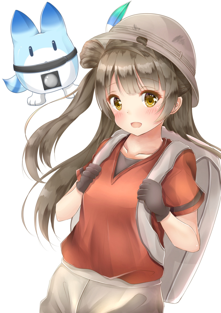 1girl :d absurdres backpack bag brown_hair highres inahori kaban_(kemono_friends) kemono_friends long_hair looking_at_viewer love_live! lucky_beast_(kemono_friends) minami_kotori one_side_up open_mouth smile uchida_aya voice_actor_connection yellow_eyes