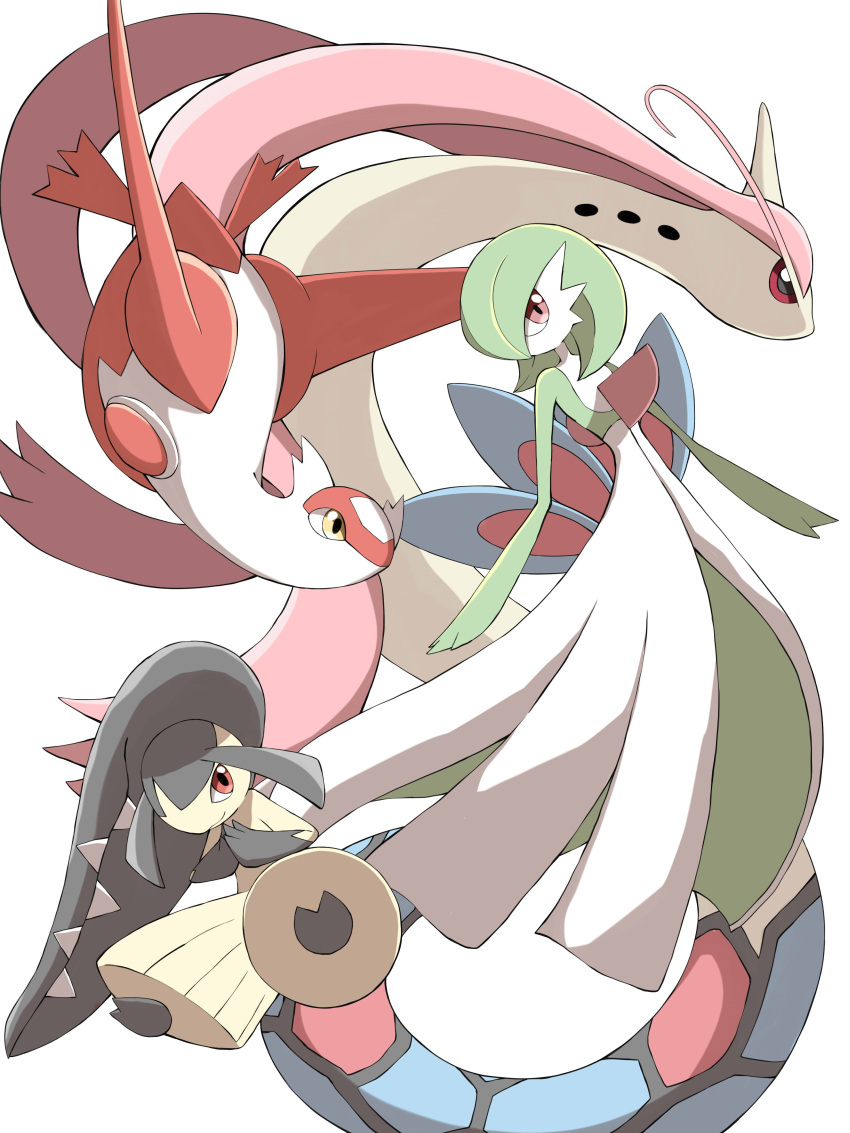 absurdres closed_mouth colored_skin commentary_request flying gardevoir green_hair highres latias mawile medium_hair mega_pokemon own_hands_together pokemon pokemon_(creature) red_eyes shabana_may simple_background smile steepled_fingers white_background white_skin yellow_eyes