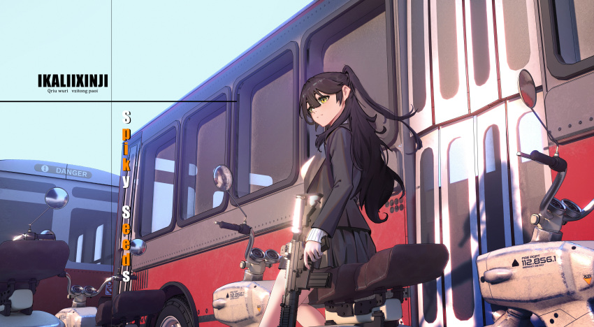 1girl absurdres bangs black_hair black_jacket black_skirt blazer bus collared_shirt day feet_out_of_frame finger_on_trigger floating_hair from_behind from_below green_eyes ground_vehicle gun highres holding holding_gun holding_weapon jacket long_hair long_sleeves miniskirt motor_vehicle motorcycle original outdoors pleated_skirt rifle school_uniform shadow shirt sitting skirt sky solo sweater two_side_up weapon white_shirt yellow_eyes yigali_xinji
