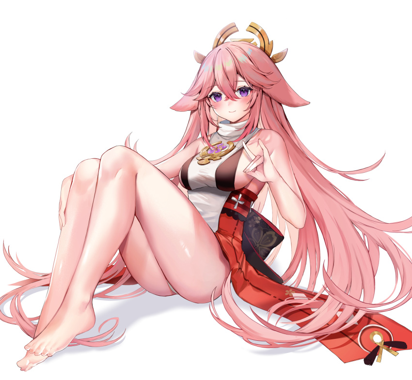 1girl animal_ears bangs bare_arms bare_legs bare_shoulders barefoot blush breasts closed_mouth commentary_request dress eyebrows_visible_through_hair feet fox_shadow_puppet full_body genshin_impact hair_between_eyes hair_ornament hand_on_own_leg highres knees_up large_breasts legs long_hair looking_at_viewer pink_hair sideboob simple_background sitting smile solo very_long_hair violet_eyes white_background white_dress yae_miko yuniiho