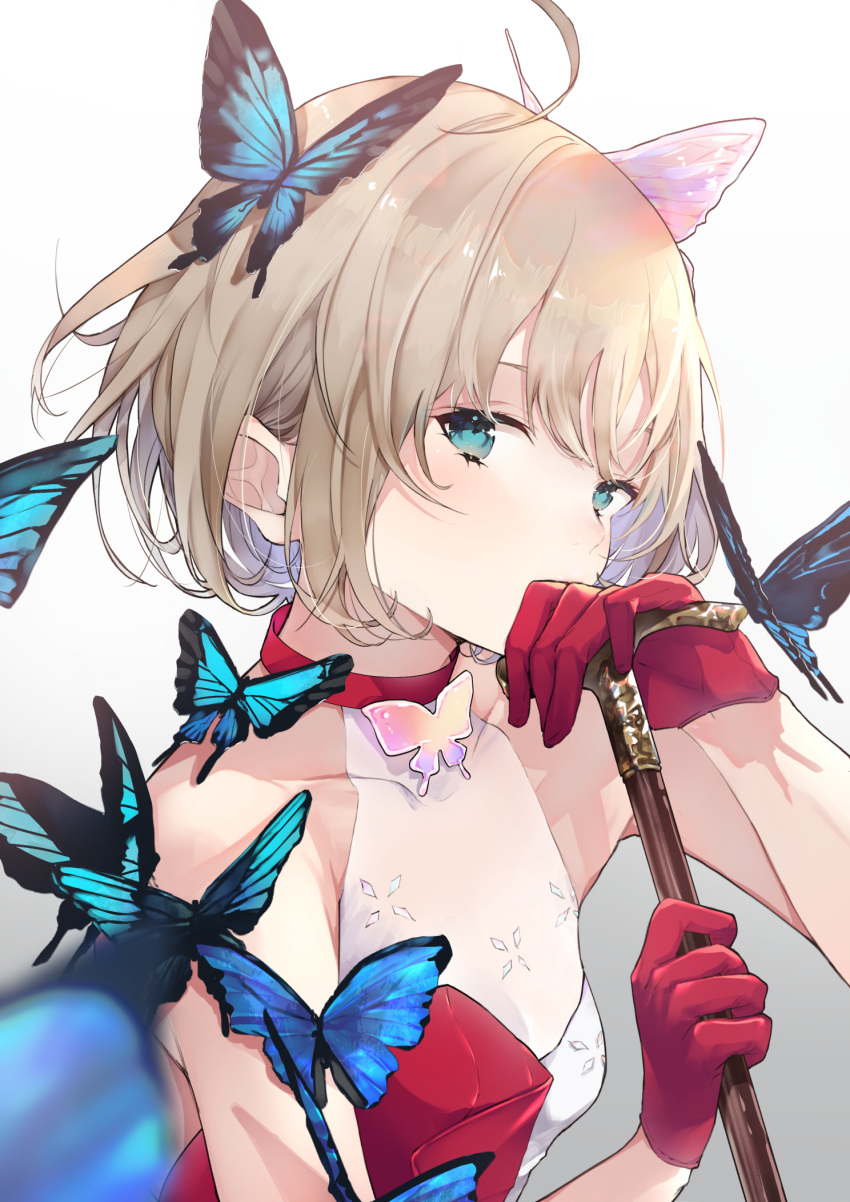 1girl blue_butterfly blue_eyes bug butterfly butterfly_brooch butterfly_hair_ornament c-93_(fluttering_like_a_butterfly)_(girls'_frontline) c-93_(girls'_frontline) cane collarbone covered_mouth girls_frontline gloves hair_ornament highres sakippo_(sakippo0) see-through simple_background two-tone_dress
