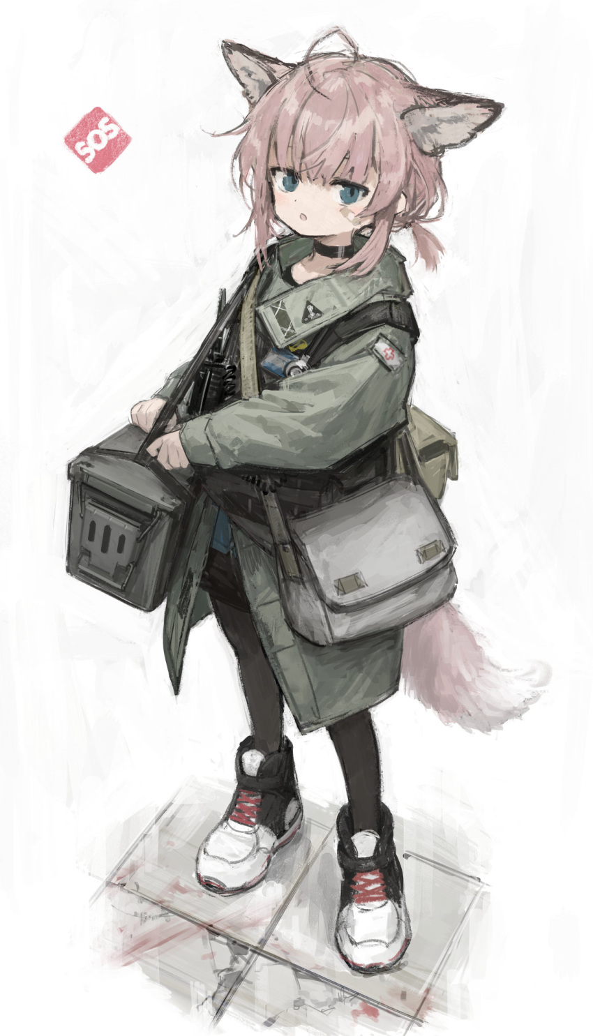 1girl :o ahoge alternate_costume animal_ears arknights bag bandaid bandaid_on_face black_footwear black_legwear black_shorts blue_eyes blue_shirt commentary extra_ears fox_ears fox_girl fox_tail full_body green_jacket highres jacket looking_at_viewer mrtpkids open_mouth pantyhose pouch revision shirt shoes short_hair short_twintails shorts shoulder_bag sidelocks simple_background solo standing stethoscope sussurro_(arknights) symbol-only_commentary tail twintails two-tone_footwear white_background white_footwear