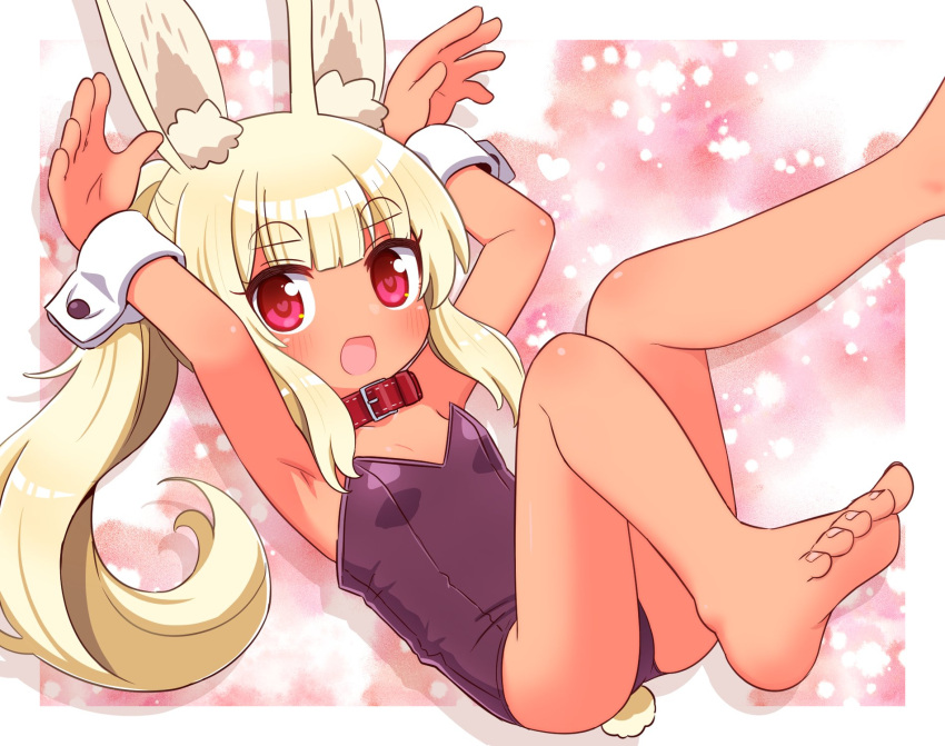 1girl :d animal_ear_fluff animal_ears armpits arms_up bangs bare_legs bare_shoulders barefoot blonde_hair breasts collar collarbone commentary_request eyebrows_visible_through_hair feet_out_of_frame heart heart-shaped_pupils highres leg_up leotard long_hair masurao_(sekaiju) masurao_2_(sekaiju) naga_u ponytail purple_leotard rabbit_ears rabbit_girl rabbit_tail red_collar red_eyes sekaiju_no_meikyuu sekaiju_no_meikyuu_5 short_eyebrows small_breasts smile soles solo strapless strapless_leotard symbol-shaped_pupils tail thick_eyebrows very_long_hair wrist_cuffs