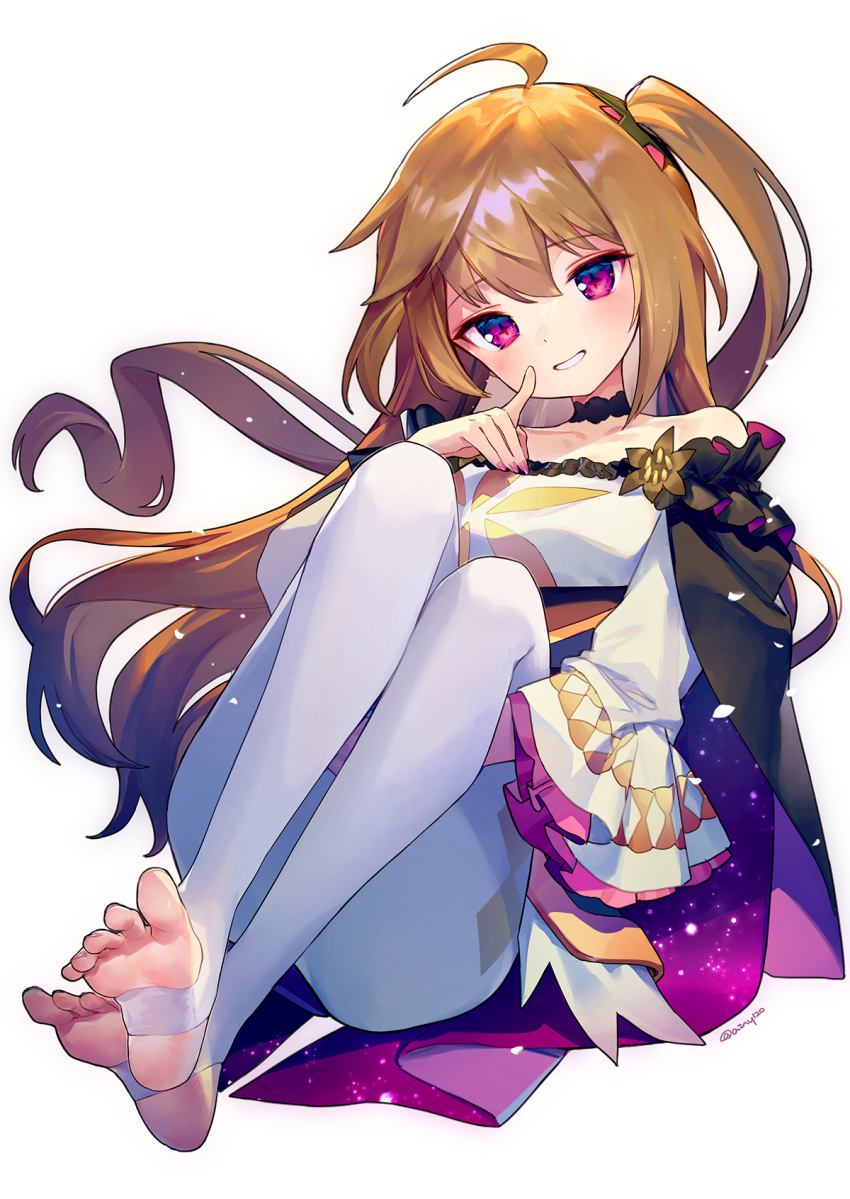 1girl ahoge ainy baibato barefoot blush breasts brown_hair cape choker collarbone commentary_request dress duplicate feet finger_to_cheek from_below highres kanzashi_iori leggings long_hair open_mouth pantyhose pixel-perfect_duplicate red_eyes side_ponytail sitting sky small_breasts smile star_(sky) star_(symbol) star_print starry_sky stirrup_legwear strapless strapless_dress teeth toeless_legwear virtual_youtuber white_legwear