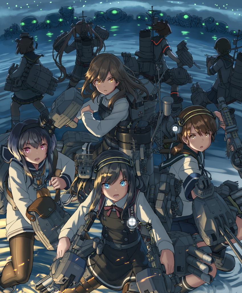 6+girls abyssal_ship adapted_turret arashio_(kancolle) arashio_kai_ni_(kancolle) asashio_(kancolle) asashio_kai_ni_(kancolle) black_dress black_hair black_legwear blue_eyes brown_eyes brown_hair cannon dress grey_hair hat hayashi_naoharu headgear highres kantai_collection long_hair long_sleeves low_twintails makigumo_(kancolle) mast mini_hat multicolored_hair multiple_girls pantyhose pinafore_dress rigging sailor_dress school_uniform serafuku shikinami_(kancolle) shikinami_kai_ni_(kancolle) shirayuki_(kancolle) shirt short_hair short_hair_with_long_locks short_sleeves short_twintails sidelocks sleeveless sleeveless_dress smokestack thigh_strap tokitsukaze_(kancolle) torpedo torpedo_launcher twintails two-tone_hair uranami_(kancolle) violet_eyes white_shirt yukikaze_(kancolle) yukikaze_kai_ni_(kancolle)