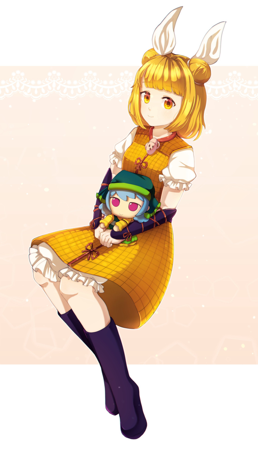 1girl absurdres apron arm_ribbon arms_up bangs blonde_hair blue_hair boots border bow breasts brown_bow brown_ribbon closed_mouth doll double_bun dress_bow dungeon_toaster english_commentary eyebrows_visible_through_hair fumo_(doll) green_apron green_headwear green_scarf hair_ribbon hands_up haniwa_(statue) haniyasushin_keiki head_scarf highres joutouguu_mayumi long_sleeves looking_at_viewer looking_to_the_side medium_breasts medium_hair orange_background pink_eyes pocket puffy_short_sleeves puffy_sleeves purple_footwear ribbon scarf shirt short_hair short_sleeves shorts simple_background sitting smile solo stuffed_toy touhou white_border white_ribbon white_shirt white_shorts yellow_eyes