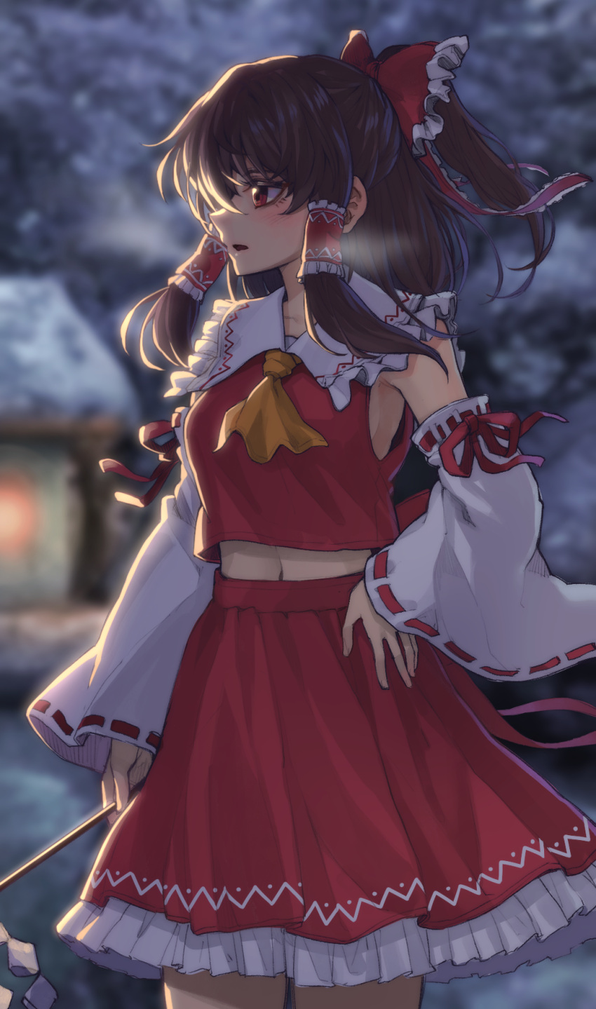 1girl bangs black_hair blurry blurry_background blush bow collarbone collared_shirt detached_sleeves floating_hair frilled_bow frilled_hair_tubes frilled_skirt frills hair_bow hair_tubes hakurei_reimu hand_on_hip high_ponytail highres holding kokukyukeo long_hair long_sleeves midriff miniskirt navel open_mouth outdoors profile red_bow red_eyes red_ribbon red_shirt red_skirt ribbon ribbon-trimmed_sleeves ribbon_trim sailor_collar sailor_shirt shiny shiny_hair shirt sidelocks skirt sleeveless sleeveless_shirt snow solo standing stomach touhou white_sailor_collar white_sleeves winter