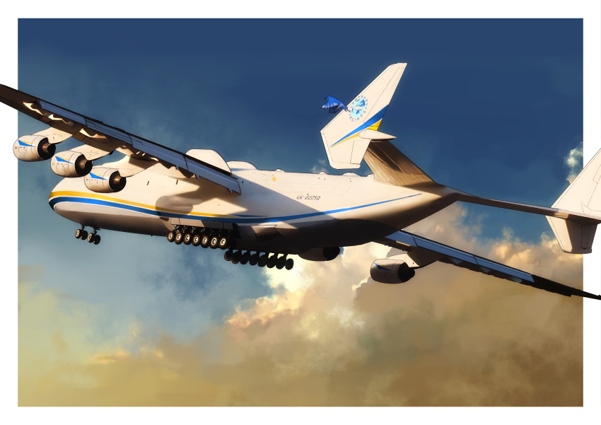 aircraft airplane antonov_an-225 bird blue_bird clouds commentary english_commentary highres mixed-language_commentary no_humans real_life sky timmyyen