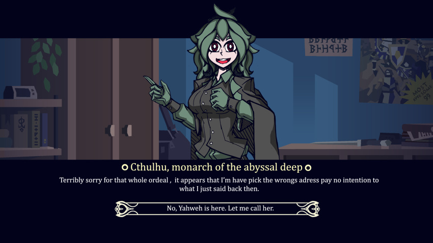 1girl :d bangs breasts brown_gloves brown_jacket buttons character_name cthulhu cthulhu_mythos english_text engrish_text gloves green_hair helltaker highres hohodo_(hohodo8) indoors jacket large_breasts long_hair long_sleeves looking_at_viewer personification ranguage red_eyes smile solo speech_bubble teeth upper_teeth vanripper_(style)