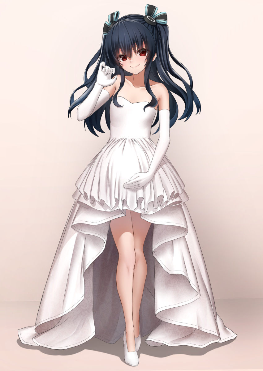 1girl absurdres alternate_costume bare_shoulders black_hair blush breasts dress elbow_gloves full_body gloves hair_ribbon highres looking_at_viewer mogurii neptune_(series) pregnant red_eyes ribbon small_breasts smile solo two_side_up uni_(neptune_series) wedding_dress white_dress white_gloves