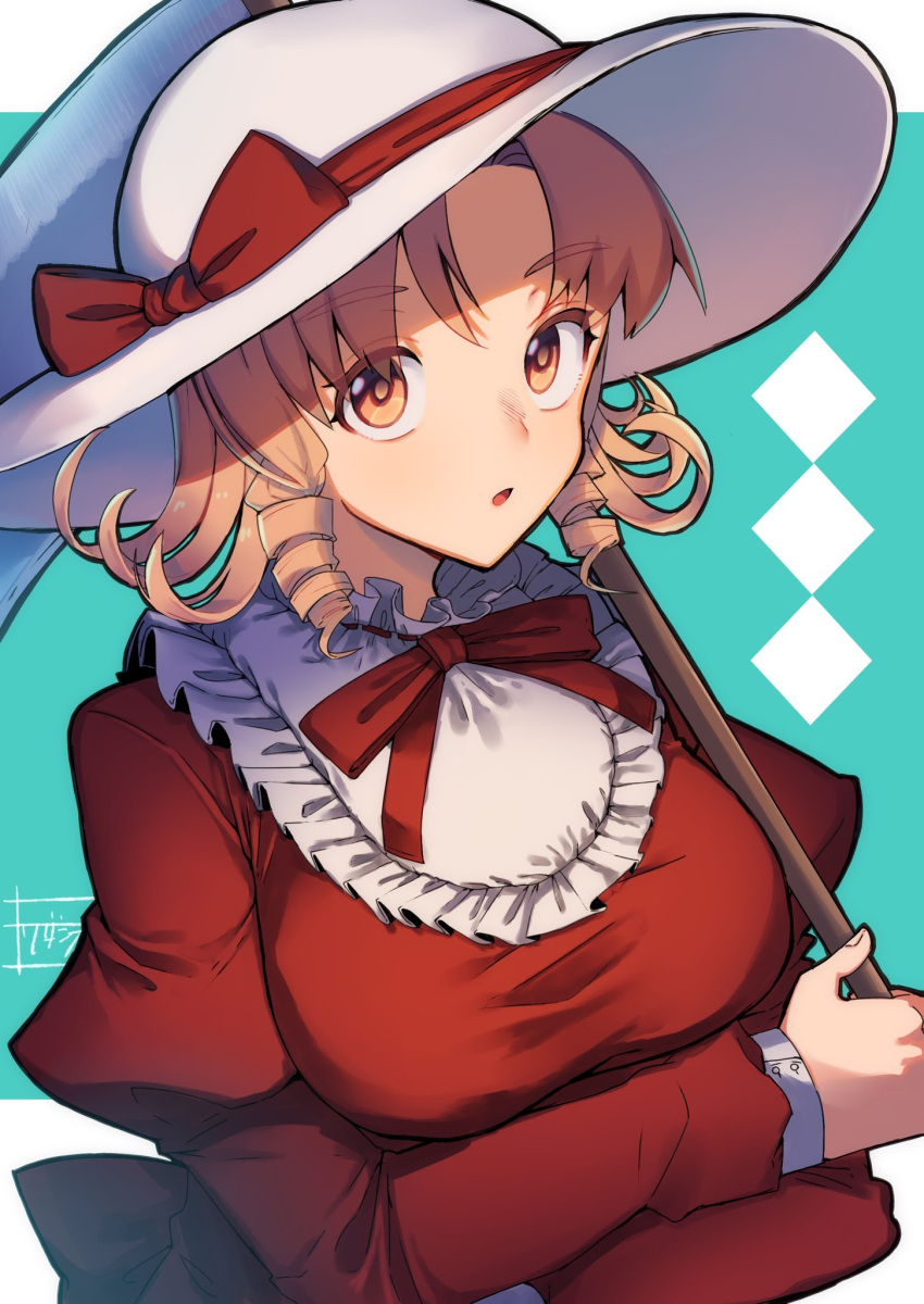1girl back_bow bangs blonde_hair bow breasts cape capelet commentary_request commission curly_hair dress drill_hair elly_(touhou) eyebrows_visible_through_hair eyelashes frilled_capelet frills hat hat_bow highres juliet_sleeves large_breasts long_sleeves looking_at_viewer open_mouth parted_bangs puffy_sleeves red_bow red_dress red_ribbon ribbon ribbon-trimmed_capelet scythe short_hair side_drill skeb_commission sun_hat touhou touhou_(pc-98) wadante white_cape white_headwear yellow_eyes