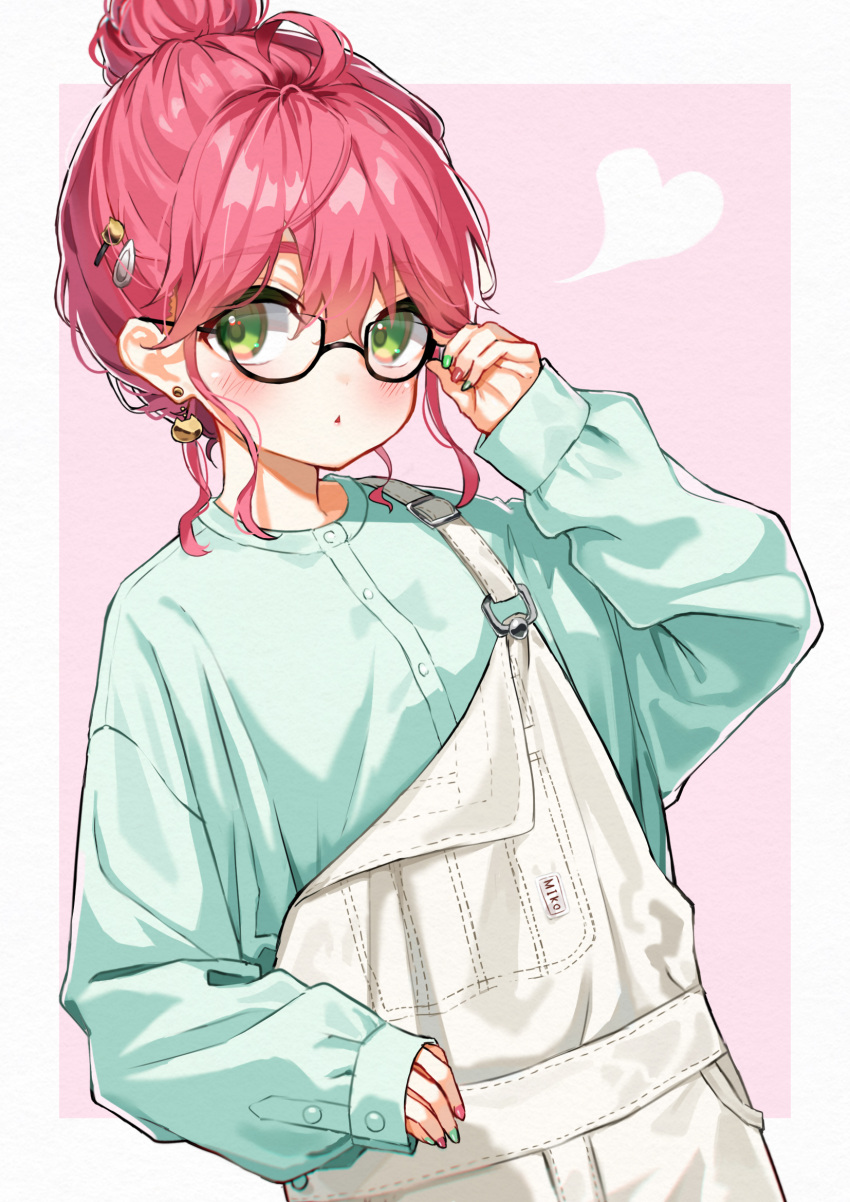 1girl adjusting_eyewear ahoge alternate_hairstyle bangs blue_shirt blush casual commentary_request earrings glasses green_eyes green_nails hair_between_eyes hair_bun hair_ornament hair_up heart highres hololive jewelry long_sleeves looking_at_viewer multicolored_nails nail_polish overalls parted_lips red_nails redhead sakura_miko shirt simple_background sleeves_past_wrists solo triangle_mouth upper_body zumi6