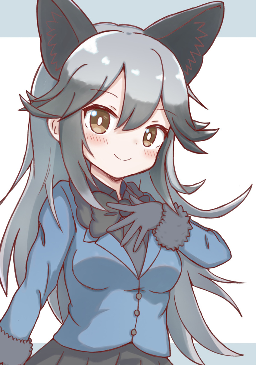 1girl animal_ear_fluff animal_ears bangs black_bow black_bowtie black_gloves black_hair black_shirt black_skirt blue_jacket blush bow bowtie breasts brown_eyes closed_mouth collared_shirt commentary_request eyebrows_visible_through_hair fox_ears fur-trimmed_sleeves fur_trim gloves grey_background grey_hair hair_between_eyes hand_up highres jacket kemono_friends long_hair looking_at_viewer multicolored_hair pleated_skirt shirt silver_fox_(kemono_friends) skirt small_breasts smile solo sunanuko_(ramuneko) two-tone_background two-tone_hair very_long_hair white_background
