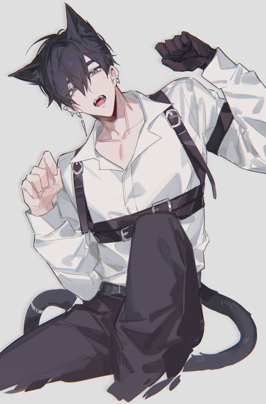 1boy absurdres animal_ears belt black_gloves black_hair black_pants brown_eyes buried_stars cat_boy cat_ears cat_tail chest_harness collarbone collared_shirt ear_piercing earrings fangs gloves grey_background hair_between_eyes harness highres jewelry lee_gyu-hyuk long_sleeves looking_at_viewer male_focus open_mouth pants paw_pose piercing shirt short_hair single_glove sitting solo symbol-only_commentary tail teeth white_shirt yusa_(yusa0751)