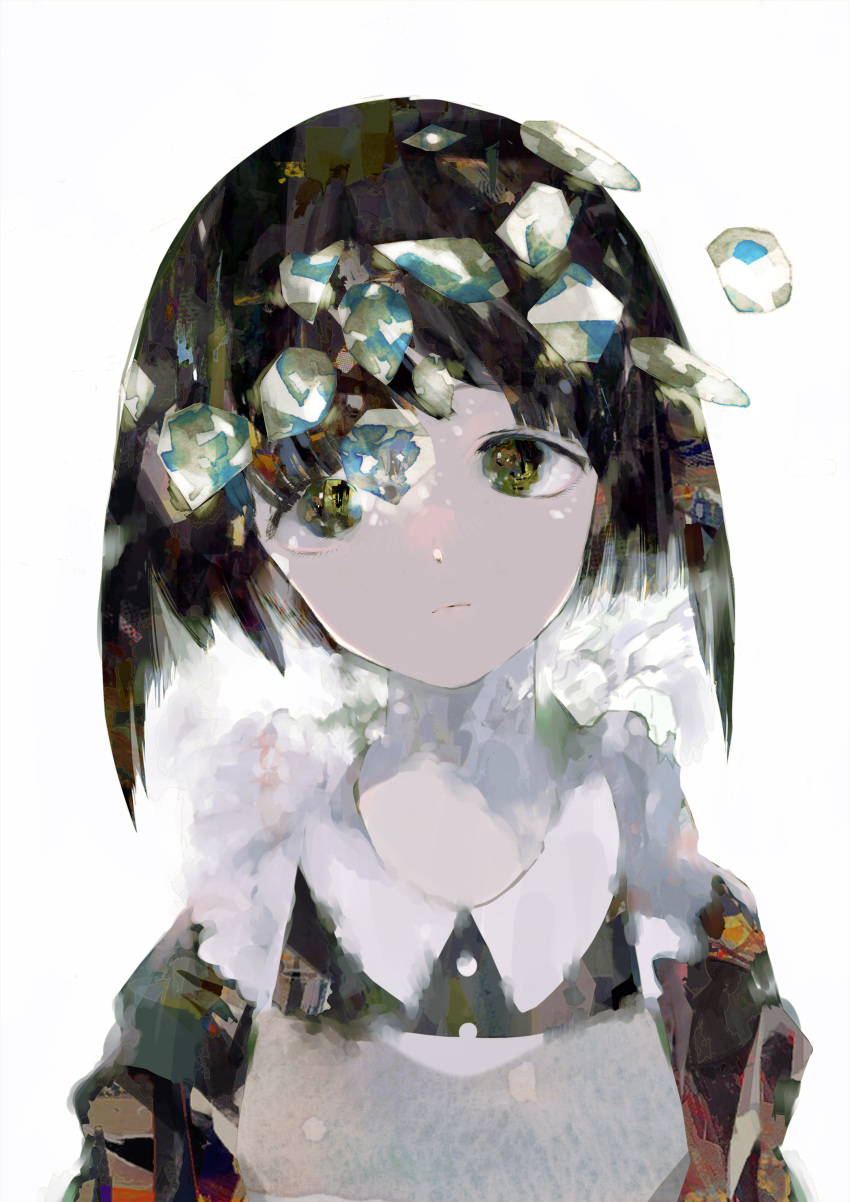 1girl absurdres anabone apron bangs black_dress black_hair collared_shirt commentary_request dress floating floating_object gem green_eyes highres lace-trimmed_apron lace_trim original portrait shirt short_hair simple_background solo white_apron white_background