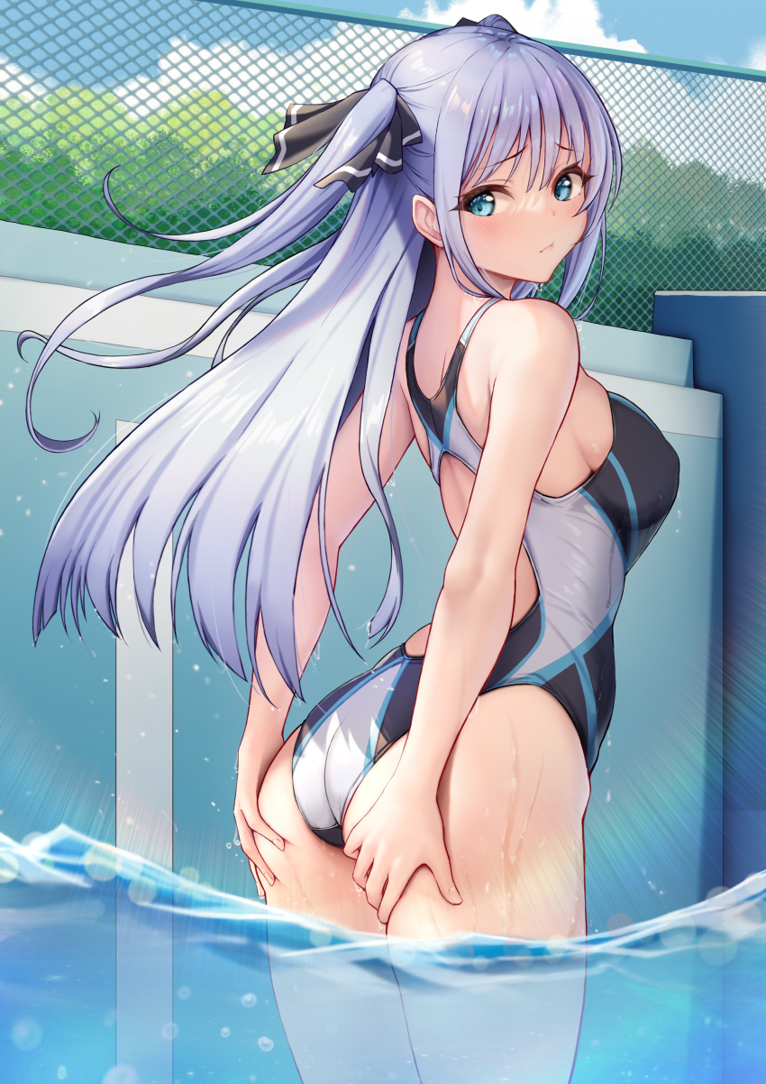 1girl absurdres aqua_eyes ass ass_grab back bad_source bangs bare_legs blue_sky breasts bush chain-link_fence closed_mouth clouds commentary competition_swimsuit covered_nipples day embarrassed english_commentary eyebrows_visible_through_hair feet_out_of_frame fence grabbing_own_ass hair_ribbon highres long_hair looking_at_viewer looking_to_the_side multicolored_clothes multicolored_swimsuit one-piece_swimsuit outdoors partially_submerged pool purple_hair ribbon sideboob sidelocks sky solar_(happymonk) solo standing suiren_to_shion swimsuit thighs tight wakami_shion wet