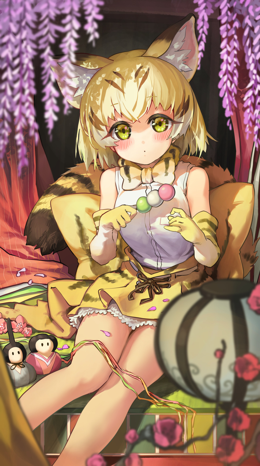 1girl absurdres animal_ear_fluff animal_ears back_bow bangs bare_legs bare_shoulders blonde_hair blurry blurry_foreground blush bow bowtie breasts brown_ribbon cat_ears cat_girl cat_tail commentary_request dango depth_of_field doll elbow_gloves eyebrows_visible_through_hair feet_out_of_frame flower flower_request food gloves gradient_bow hands_up highres holding holding_skewer indoors kemono_friends knees_together_feet_apart lantern large_breasts looking_at_viewer melaton multicolored_hair petals petticoat pink_flower purple_flower red_flower ribbon sand_cat_(kemono_friends) sand_cat_print shirt short_hair sitting skewer skirt solo streaked_hair tail wagashi white_shirt wisteria yellow_bow yellow_bowtie yellow_eyes yellow_gloves yellow_skirt