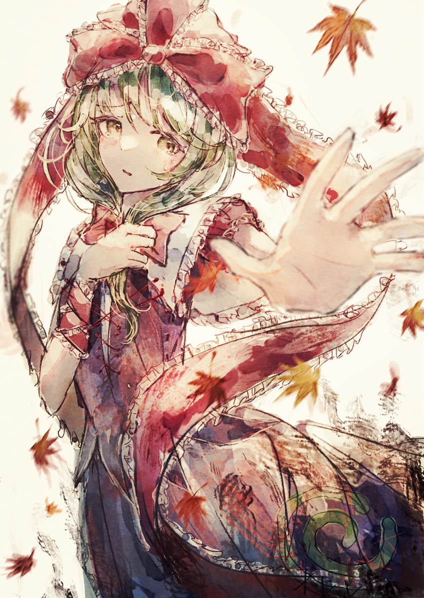1girl absurdres bangs bow commentary cowboy_shot cross-laced_dress crying crying_with_eyes_open dress eyebrows_visible_through_hair falling_leaves foreshortening frilled_ribbon frills front_ponytail green_eyes green_hair hair_bow hand_on_own_chest hands_up highres kagiyama_hina leaf long_hair looking_at_viewer maple_leaf open_hand parted_lips reaching_out red_bow red_dress red_ribbon ribbon simple_background sleeveless sleeveless_dress solo swept_bangs tears tonan_(l0l0l0l0l0l) touhou wavy_mouth white_background