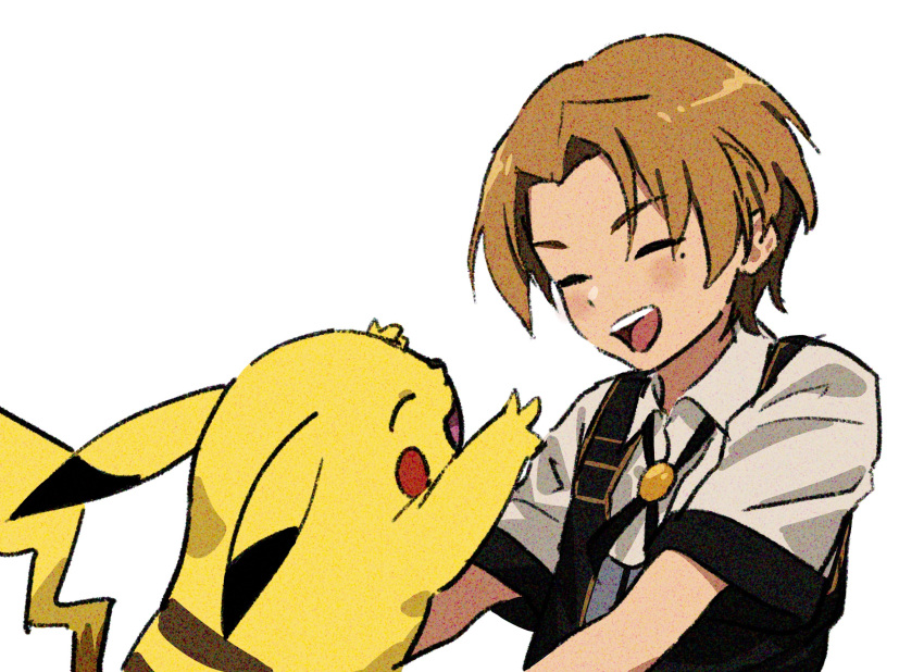 1boy :d affectionate bangs blush brown_hair closed_eyes commentary_request crossover happy highres male_focus mole mole_under_eye mushoku_tensei nyus0721 open_mouth parted_bangs pikachu pokemon pokemon_(creature) rudeus_greyrat shirt short_hair short_sleeves simple_background smile teeth tongue upper_body upper_teeth white_background