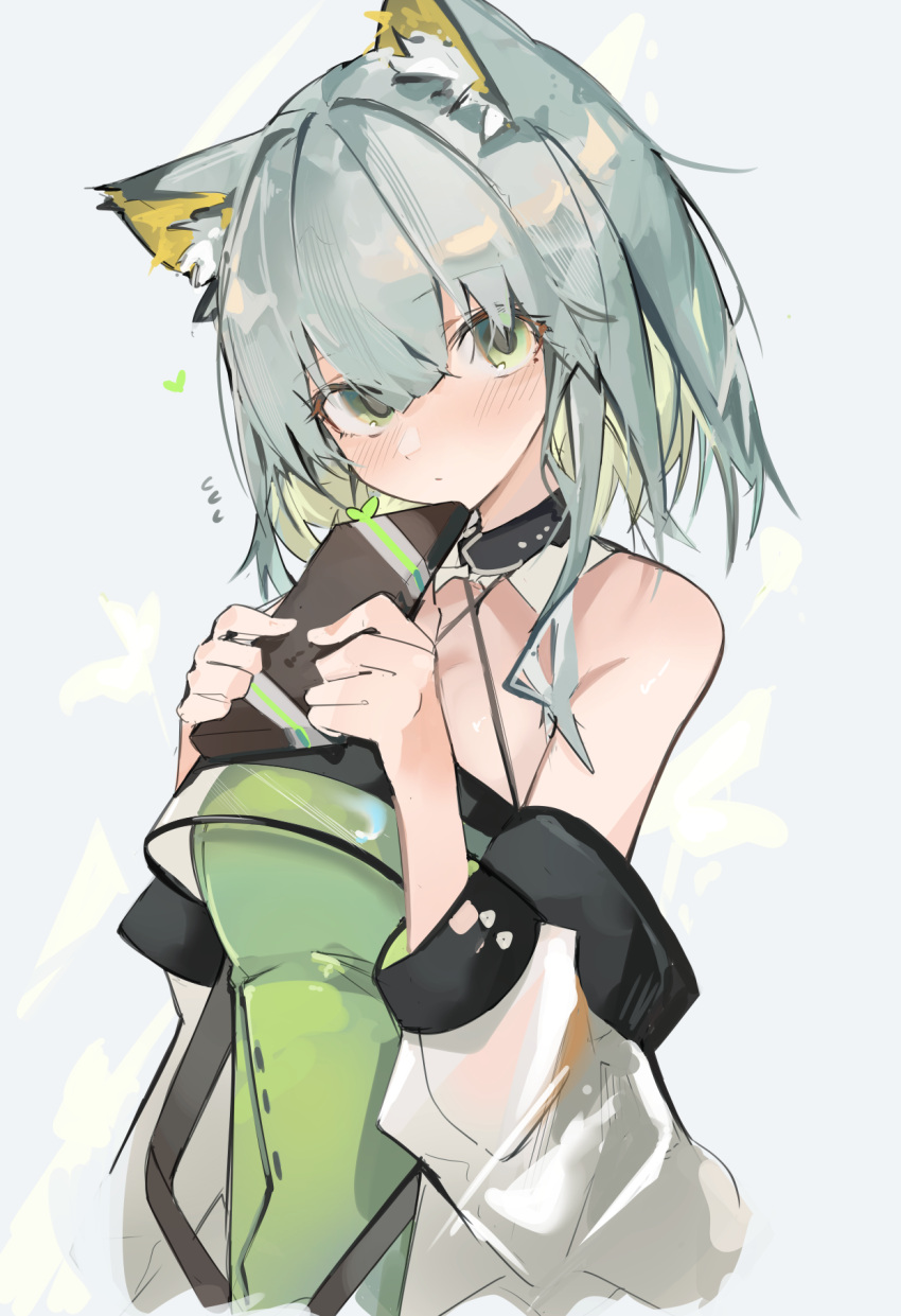 1girl animal_ear_fluff animal_ears arknights blush box breasts cat_ears closed_mouth coat commentary dress eyebrows_visible_through_hair gift gift_box green_dress green_eyes grey_background hair_between_eyes heart highres holding holding_box holding_gift kal'tsit_(arknights) light_green_hair looking_at_viewer medium_breasts medium_hair mikojin off_shoulder open_clothes open_coat see-through see-through_sleeves simple_background sleeveless sleeveless_dress solo sweatdrop upper_body white_coat