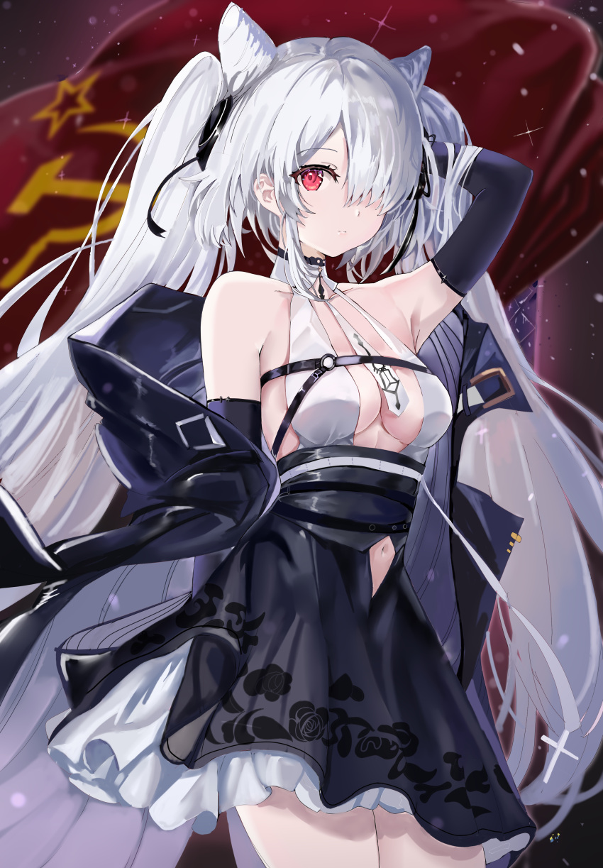 1girl absurdres age_fx azur_lane bare_shoulders black_gloves clothing_cutout elbow_gloves gloves hair_horns highres kiev_(azur_lane) kiev_(backstreet_silver_sonata)_(azur_lane) long_hair looking_at_viewer navel_cutout official_alternate_costume one_eye_covered red_eyes silver_hair twintails