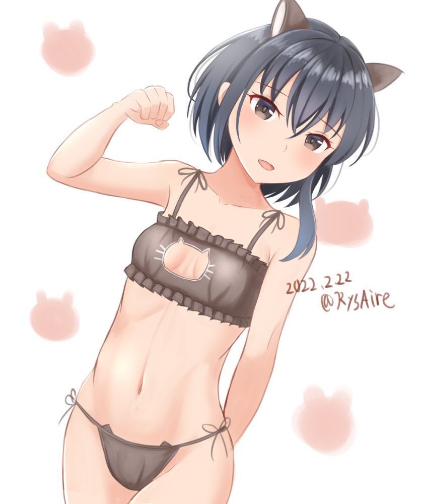 1girl alternate_costume ame-san animal_ears asymmetrical_hair black_hair bra breasts brown_eyes cat_cutout cat_ear_panties cat_ears cat_lingerie cleavage_cutout clothing_cutout commentary_request cowboy_shot dated frilled_bra frills grey_bra grey_panties hair_between_eyes highres i-13_(kancolle) kantai_collection looking_at_viewer meme_attire panties short_hair side-tie_panties small_breasts solo tsurime twitter_username underwear underwear_only