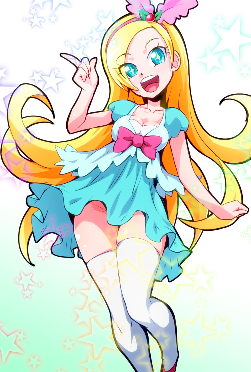 1girl :d aqua_dress aqua_eyes bangs blonde_hair breasts commentary_request dress eyelashes gradient gradient_background hair_ornament hairband happy highres kirahoshi_ciel kirakira_precure_a_la_mode large_breasts long_hair looking_at_viewer open_mouth precure ryuuta_(cure_ryuuta) smile solo standing thigh-highs thighs white_legwear