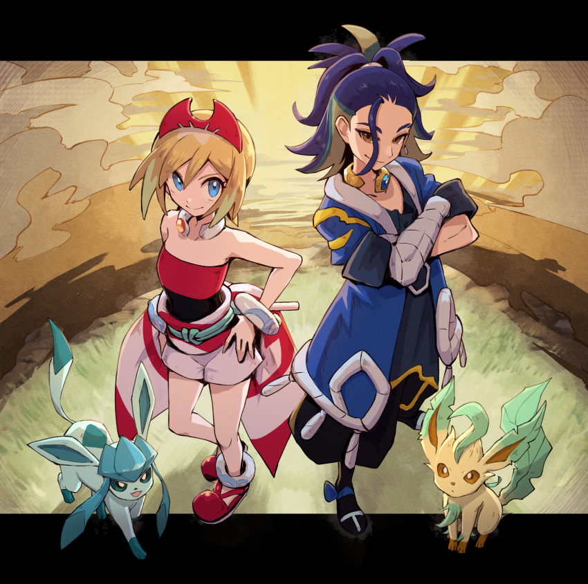 1boy 1girl adaman_(pokemon) anklet bangs blonde_hair blue_coat blue_eyes brown_eyes closed_mouth coat collar collarbone commentary_request crossed_arms eyebrow_cut eyelashes flute glaceon grass green_hair hairband highres instrument irida_(pokemon) jewelry knees kuroi_susumu leafeon multicolored_hair pokemon pokemon_(game) pokemon_legends:_arceus ponytail purple_hair red_footwear red_hairband red_shirt sash shirt shoes short_hair shorts smile standing strapless strapless_shirt tied_hair waist_cape white_shorts