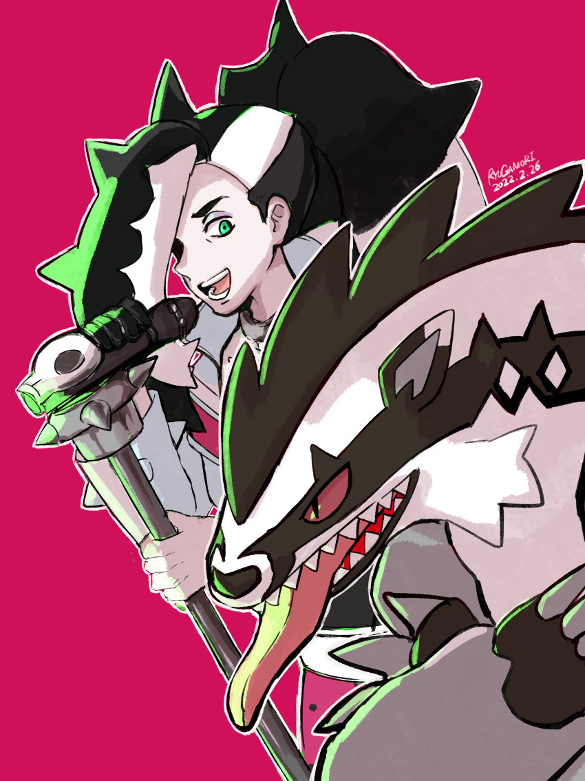 1boy :d absurdres artist_name bangs black_hair commentary_request dated eyeshadow gloves green_eyes grey_eyeshadow highres holding holding_microphone jacket long_hair makeup male_focus microphone multicolored_hair obstagoon open_mouth outline piers_(pokemon) pokemon pokemon_(creature) pokemon_(game) pokemon_swsh red_background ryu_gamori simple_background singer single_glove smile teeth tongue tongue_out two-tone_hair white_hair white_jacket
