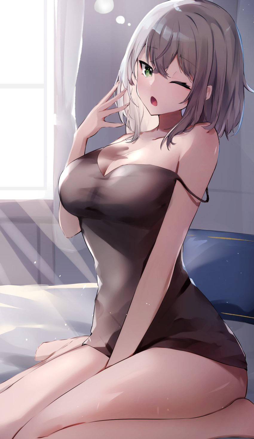 1girl absurdres bangs bare_legs between_legs black_dress breasts commentary_request curtains dress eyebrows_visible_through_hair green_eyes hand_between_legs highres hololive indoors large_breasts looking_at_viewer medium_hair nanashinayuzu_mochi on_bed one_eye_closed open_mouth shirogane_noel silver_hair sitting sitting_on_bed solo strap_slip virtual_youtuber wariza yawning