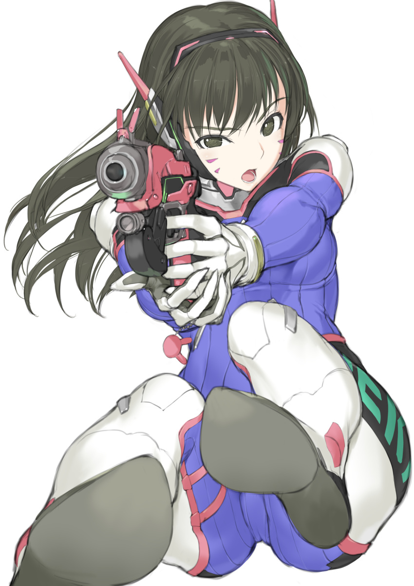 1girl absurdres ass black_eyes black_hair bodysuit breasts d.va_(overwatch) firing gun handgun highres holding holding_gun holding_weapon incoming_attack lh_2c0 long_hair looking_at_viewer open_mouth overwatch pistol simple_background solo weapon white_background
