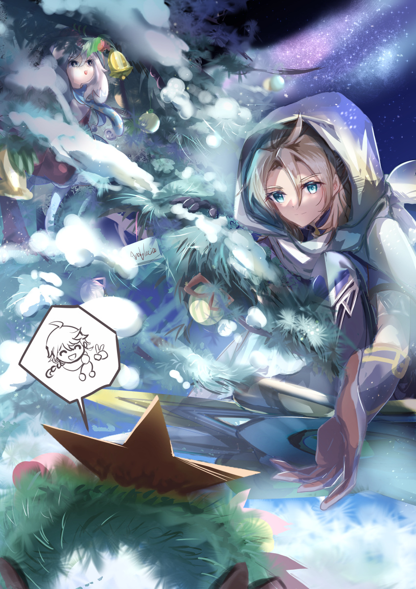 1girl 2boys :d absurdres ahoge albedo_(genshin_impact) alternate_costume andylecia aqua_eyes bell blonde_hair brown_gloves chinese_commentary christmas_ornaments christmas_tree closed_eyes closed_mouth eyebrows_visible_through_hair eyelashes forehead genshin_impact gloves hair_between_eyes highres hood hood_up looking_at_another looking_up lumine_(genshin_impact) milky_way multiple_boys open_mouth outdoors outstretched_hand paimon_(genshin_impact) sky slight_smile smile snow sparkle speech_bubble split_mouth star_(sky) star_(symbol) starry_sky v white_hair wreath