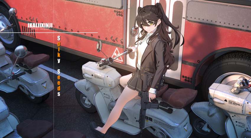 1girl absurdres arm_at_side bangs black_footwear black_hair black_jacket black_skirt blazer bus collared_shirt cracked_floor day finger_on_trigger from_above from_side green_eyes ground_vehicle gun highres holding holding_gun holding_weapon jacket loafers long_hair long_sleeves looking_at_viewer looking_to_the_side miniskirt motor_vehicle motorcycle original outdoors pleated_skirt rifle road school_uniform shadow shirt shoes sitting skirt smile solo street sweater two_side_up weapon white_shirt yellow_eyes yigali_xinji