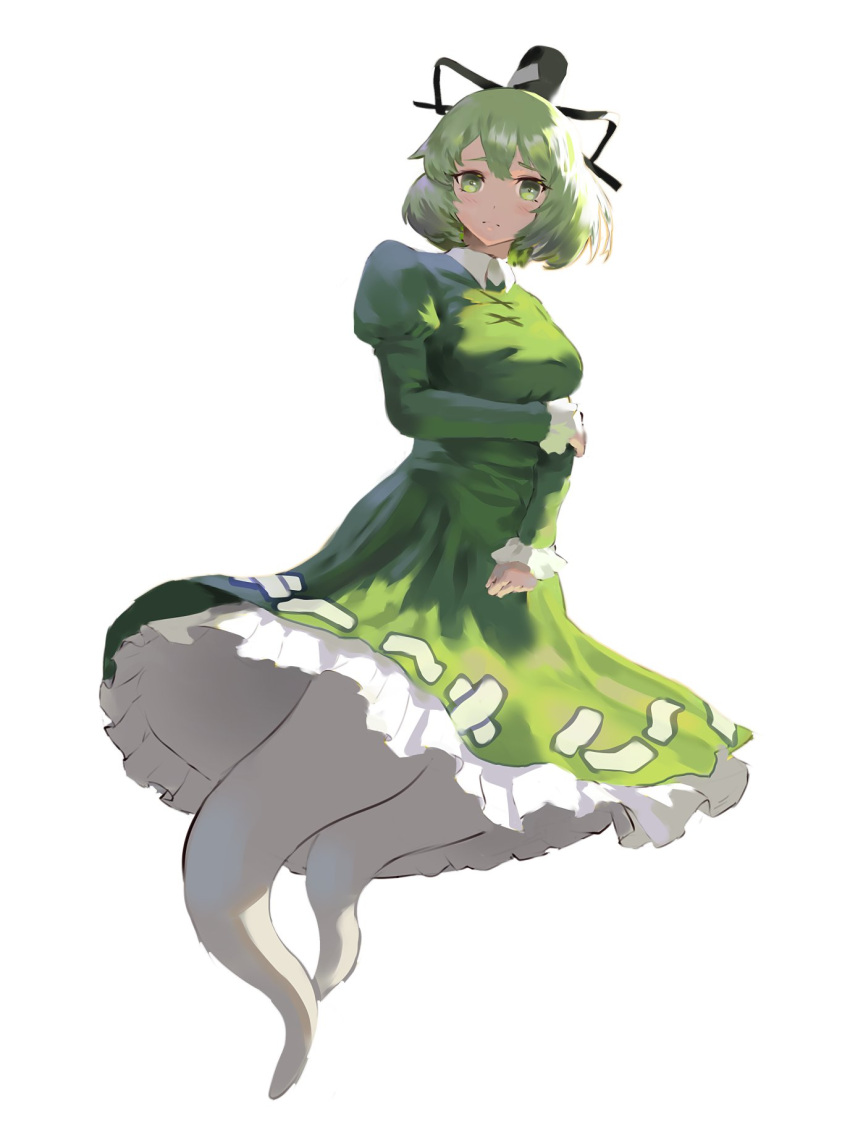 1girl arm_under_breasts bangs black_headwear black_ribbon breasts dress full_body ghost_tail green_dress green_eyes green_hair hat hat_ribbon highres juliet_sleeves light_blush light_frown long_sleeves looking_at_viewer medium_breasts petticoat puffy_sleeves ribbon short_hair simple_background sleeves_past_wrists soga_no_tojiko solo tate_eboshi teasmacker touhou white_background wing_collar