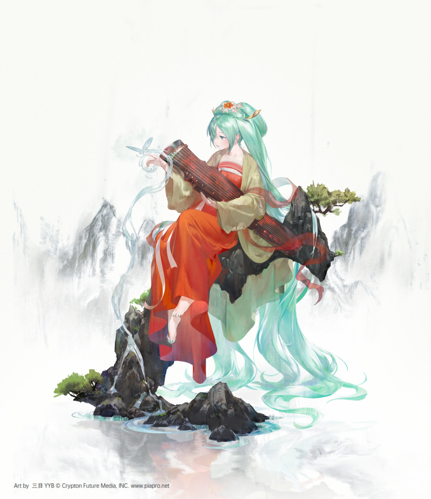 barefoot bug butterfly copyright_name dress flower green_eyes green_hair hair_flower hair_ornament hatsune_miku highres long_hair nail_polish official_art red_dress red_flower simple_background sitting tagme tree twintails very_long_hair vocaloid water yyb