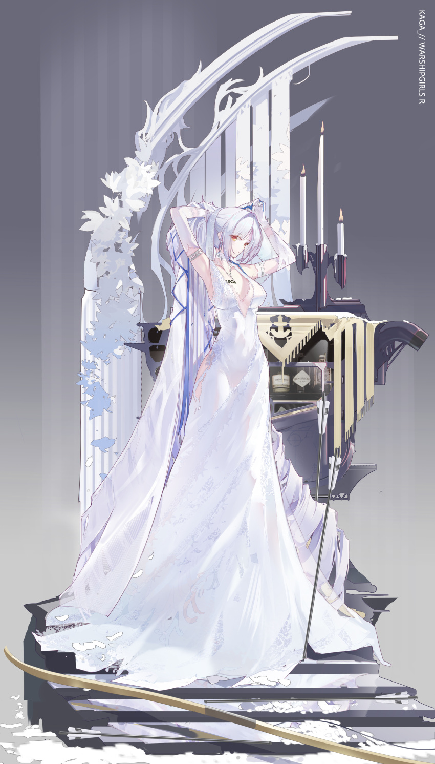 1girl absurdres breasts brown_eyes candle candlelight candlestand covered_navel detached_sleeves dress gloves highres kaga_(warship_girls_r) large_breasts long_dress long_hair ponytail solo stairs very_long_hair warship_girls_r white_dress white_gloves white_hair white_sleeves white_veil wuzhuang_caikuangche yumi_(bow)