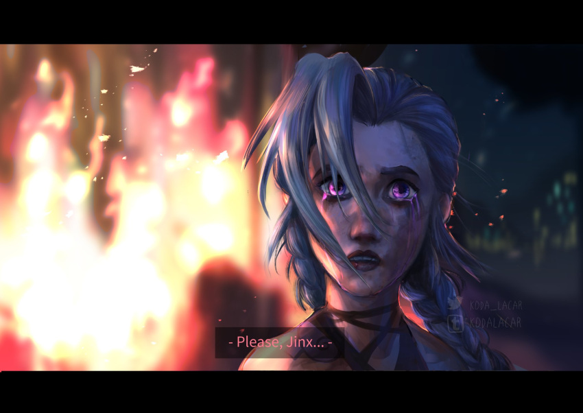 1girl arcane:_league_of_legends arcane_jinx artist_name bangs bare_shoulders blue_hair blurry blurry_background braid english_text fire highres jinx_(league_of_legends) koda_lacar league_of_legends letterboxed long_hair looking_at_viewer pink_eyes portrait red_lips shiny shiny_hair solo subtitled tears teeth twin_braids