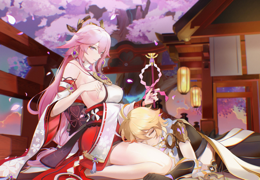 1boy 1girl absurdres aether_(genshin_impact) artist_request bare_shoulders blonde_hair breasts building cherry_blossoms closed_eyes detached_sleeves genshin_impact gloves hair_ornament hetero highres holding holding_staff japanese_clothes lantern lap_pillow large_breasts long_hair long_sleeves lying miko pants pink_hair scarf scenery seiza sideboob sitting sky sleeping sleeveless staff thighs violet_eyes wide_sleeves yae_miko